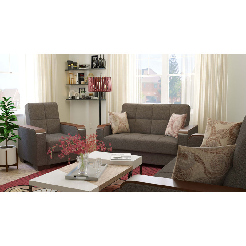 Fauteuil rembourré rembourré avec garniture en bois et rangement, polyester, Brun