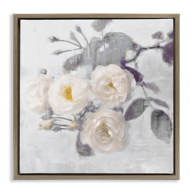Fleurs blanches sur cadre flottant gris, design par Emily Ford, H 18 po x l 18 po, Cadre flottant orme Montalcino