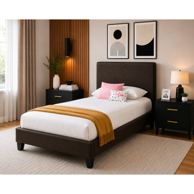 Modern Upholstered Bed with Adjustable Headboard, Faux Leather, Espresso, Single