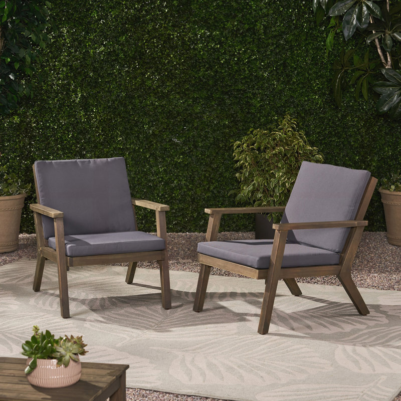 Chaises club d'extérieur en bois d'acacia avec coussins (ensemble de 2), Gray, Dark Gray