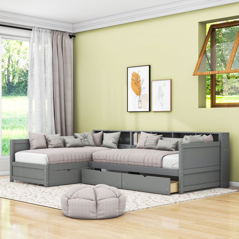 Lit de jour simple en bois 3 tiroirs avec tablettes intégrées, Gris