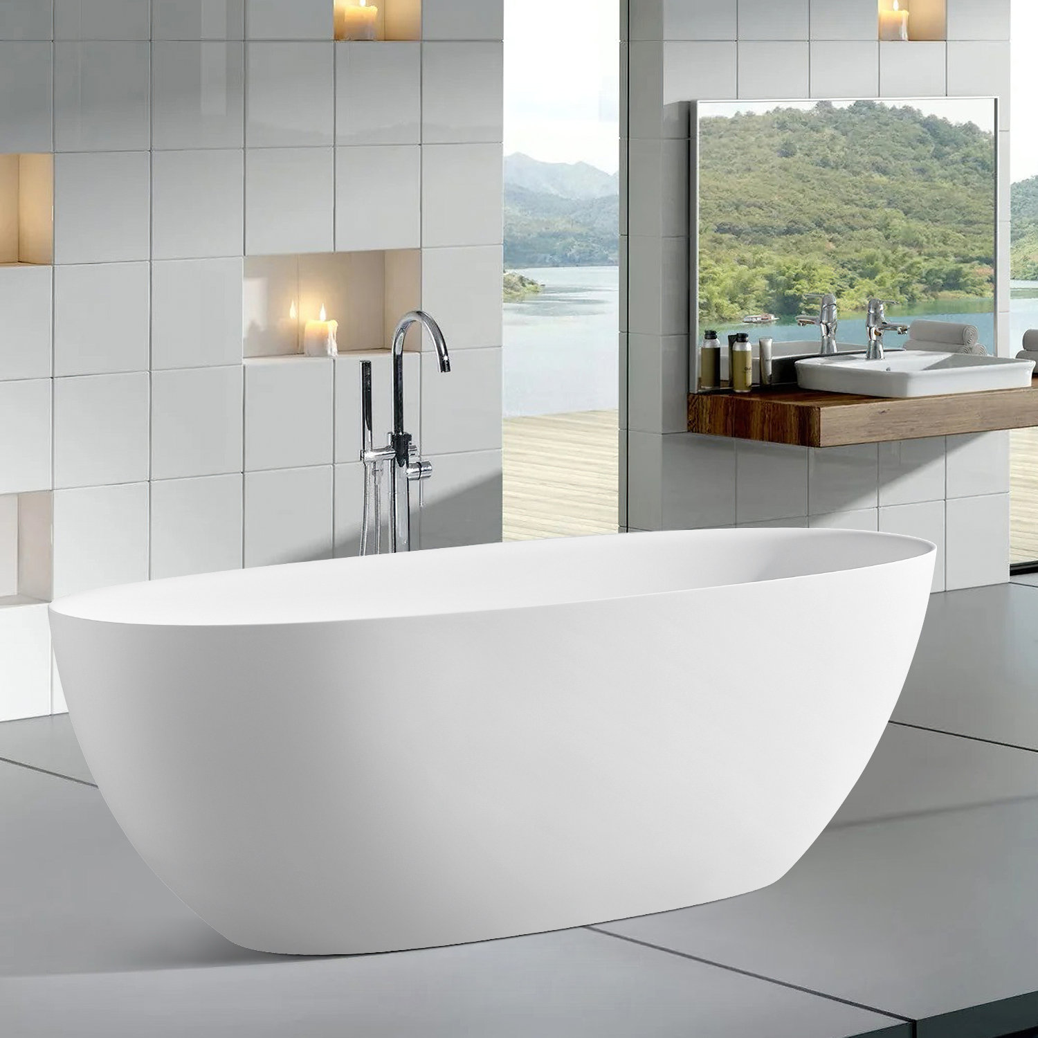 65" Freestanding Solid Surface Soaking Bathtub, White