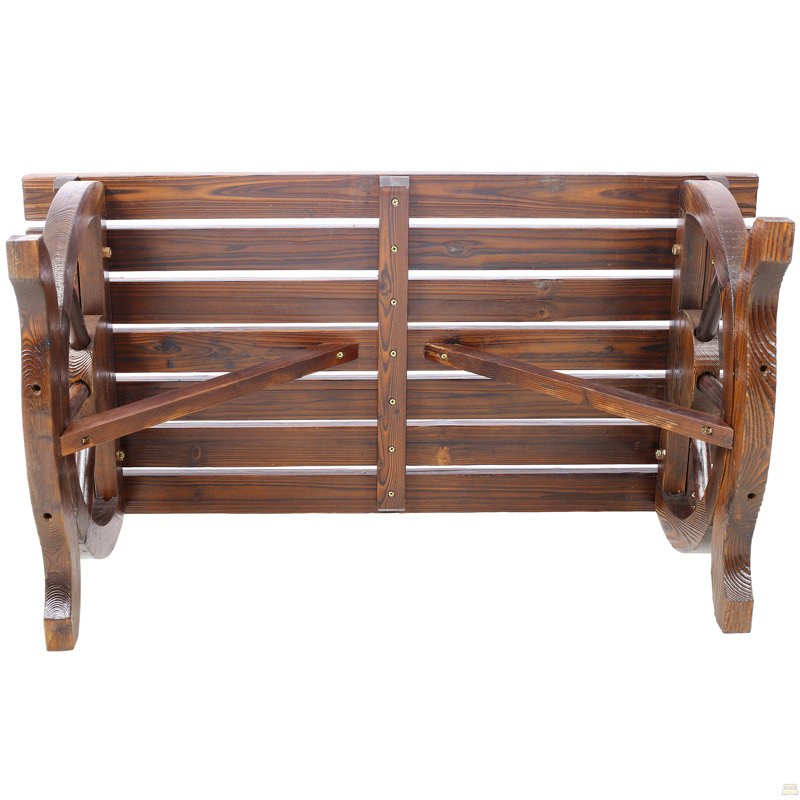 Outdoor Rustic Wooden Bench With Wagon Wheel Legs, 2 People Outdoor Bench Garden Bench