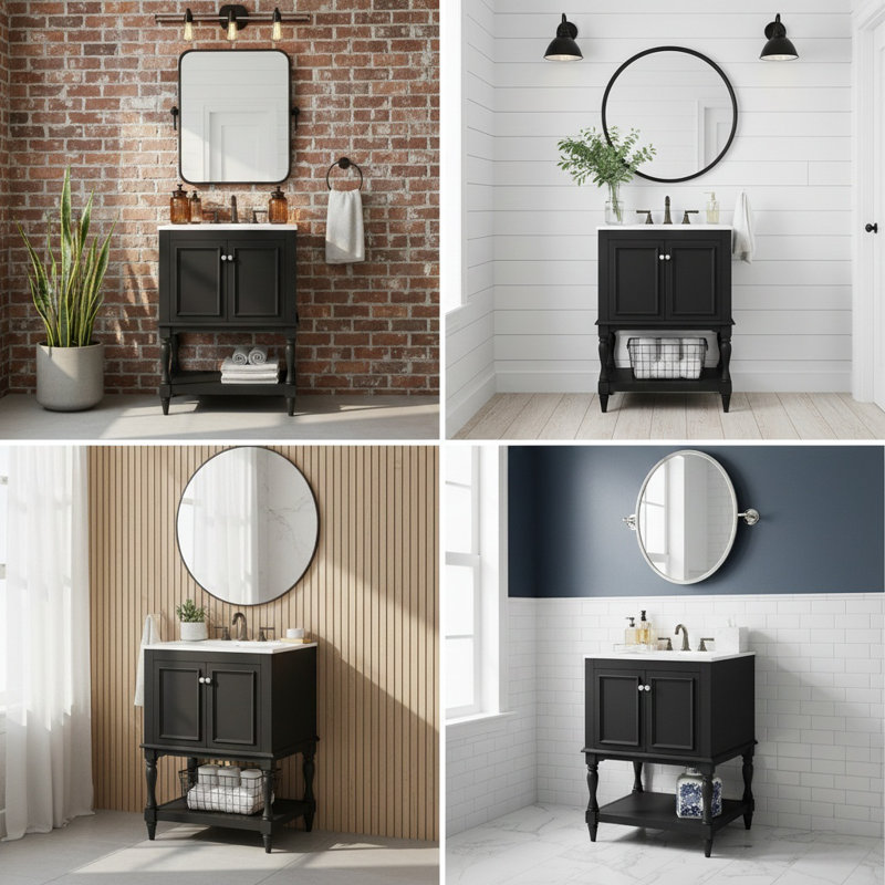 24-Inch Small Space Zoey With Sink, Compact Luxury Cabinet With 1 Door And Open Storage, Retro Inspired Design, Black / Gold