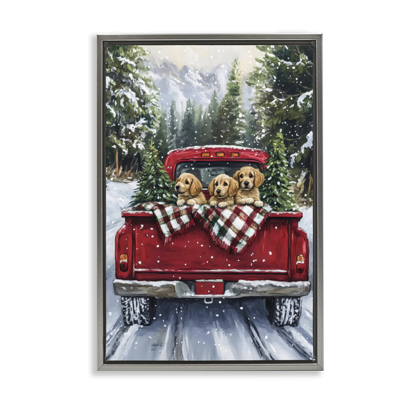 Golden Pups Christmas Truck Floating Frame, design by Petal Prints Design, 31" H x 21" W, Luster Gray Floater Frame