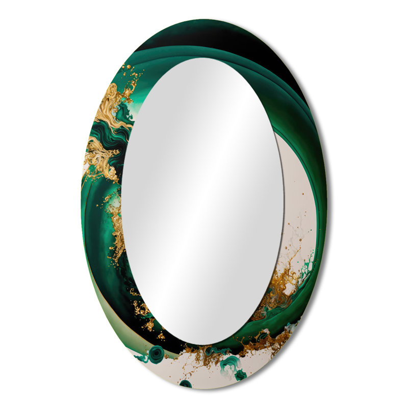 Pazley Emerald Green And Gold Abstract Waves II - Abstract Spirals Mirror, Green Decorative Wall Mirror, Printed Metal Art