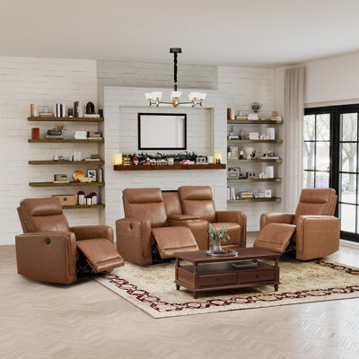 3-Piece Modern Top-Grain Leather Power Reclining Living Room Set: 2 Electric Recliner Chairs + Loveseat With Console And Type-C & USB