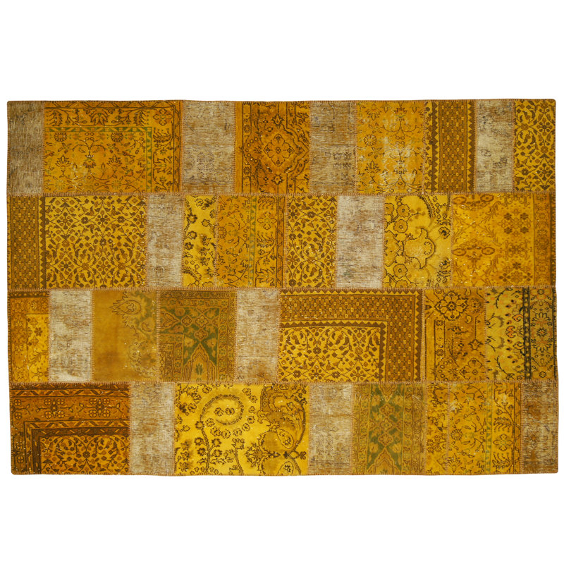 Tapis jaune en laine noué à la main One-of-a-Kind Patchwork
