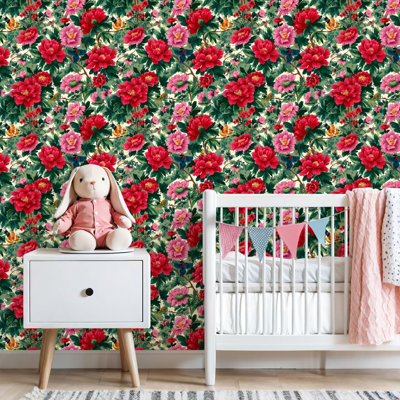 Peel and Stick Wallpaper red green vintage peony floral botanical bouquet garden bloom Contact Paper Removable Self Adhesive Wall Mural Wall Decor for Bedroom Kitchen Cabinets 17.7in x 118in