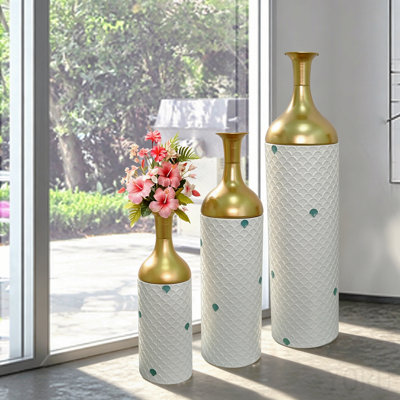 Ensemble de 3 vases décoratifs en métal, vases de plancher à motif de feuilles d'or, grands vases blancs et dorés pour la décoration intérieure, salon, décoration de vestibule