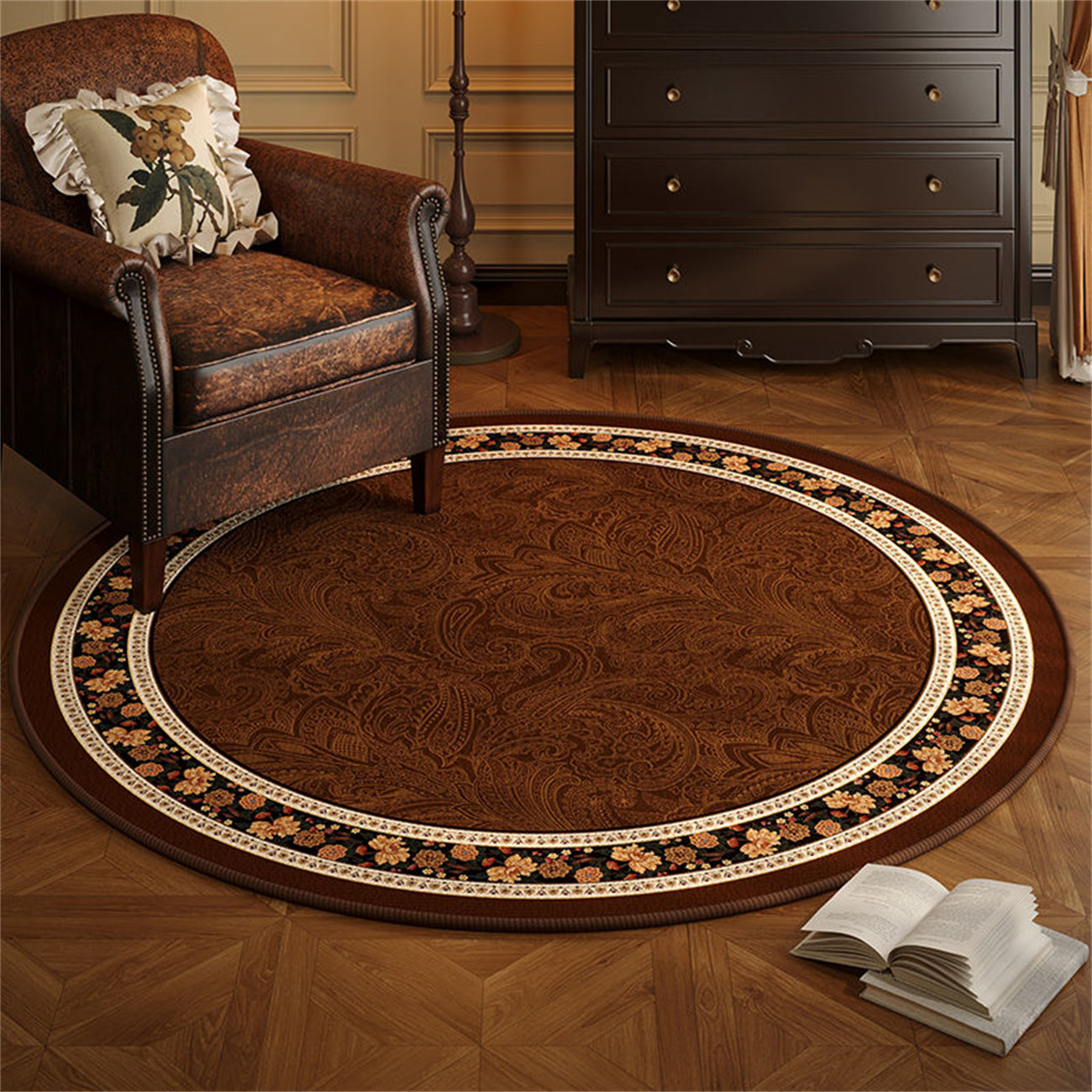 Study With Red Rug Red Barrel Studio Vintage French-Inspired Round Rug For Living Room ...