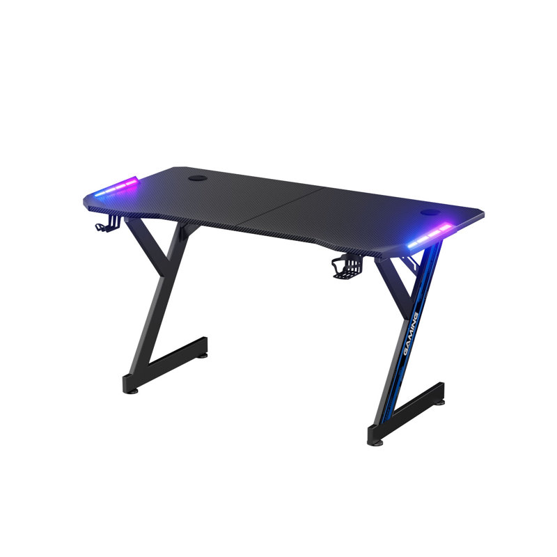 Y-Shaped Ergonomic Gaming Desk with RGB LED Strip Lights, Carbon Fiber Texture Desktop, Gaming PC Workstation, Game Table with Headphone Holder & Cup Holder, Black