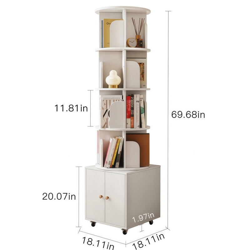 Bibliothèque rotative, bibliothèque d'angle à 5 niveaux à 360 degrés, étagère de rangement pour bibliothèque au sol, étagère à livres étroite en bois pour la chambre à coucher (BLANC)