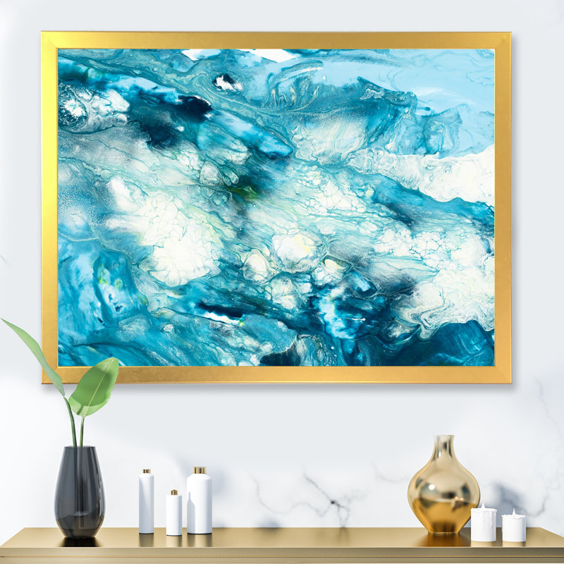 Liquide bleu univers - peinture sur toile, Cadre photo doré, H 34 po x l 44 po