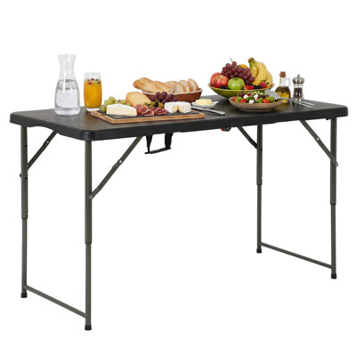Folding Table 4 Ft Picnic Plastic Table Outdoor Camping Foldable Table Dining Table Plastic Party Table with Carrying Handle for Parties Picnic Dining Room, Black