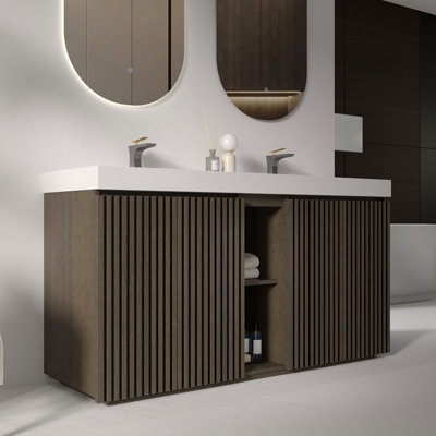 60"  Double Bathroom Vanity with Solid Surface Top, Smoked Oak Brown 
