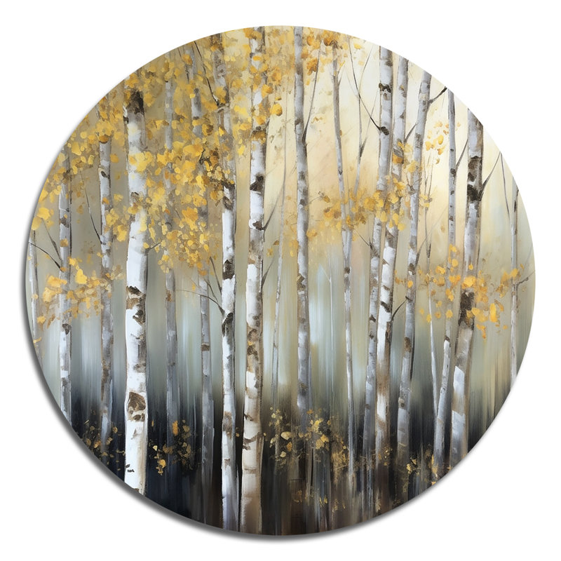 Bouleau, forêt dense I - Paysages, art rond en métal, H 29 po x l 29 po