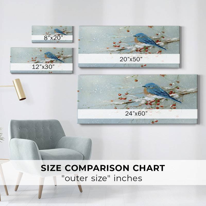 Oiseau bleu en hiver sur toile, H 8 po x l 20 po x P 1,5 po
