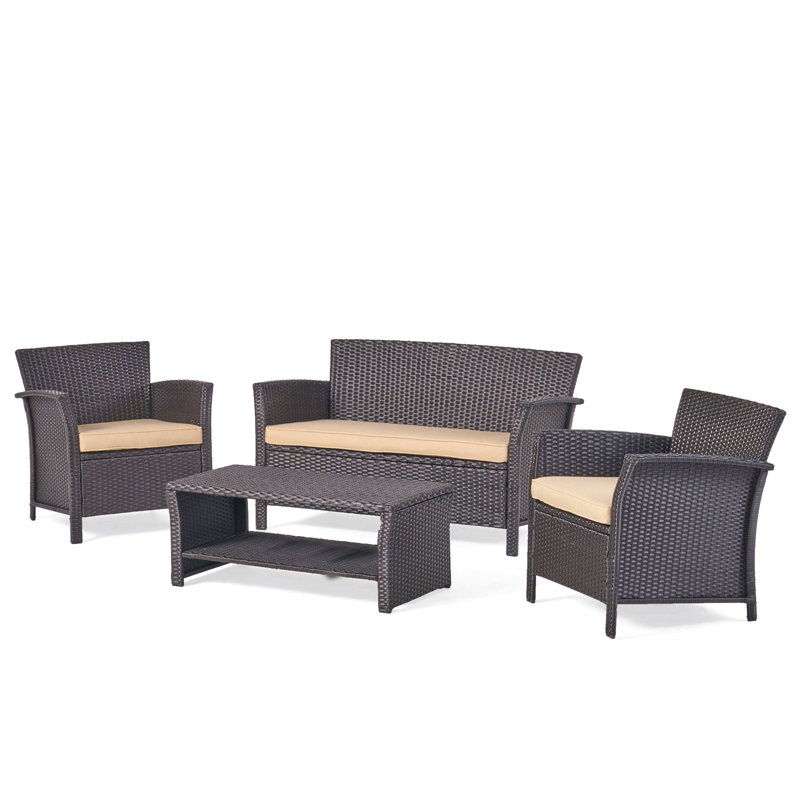 4Pc Sofa Set, Tan Cushion/Brown Frame