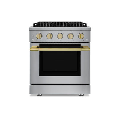 Cuisinière à gaz 30 po Hauslane en acier inoxydable | 4 brûleurs jusqu'à 20 000 Btus | Four à convection de 4,2 pieds cubes avec 5 positions de cuisson | N / L convertible | Porte triple couche en laiton satiné Cool-Touch