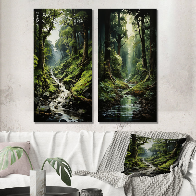 River Into Enchanted Woods - Ensemble de 2 décorations murales forêt, H 28 po x l 25 po, Toile tendue