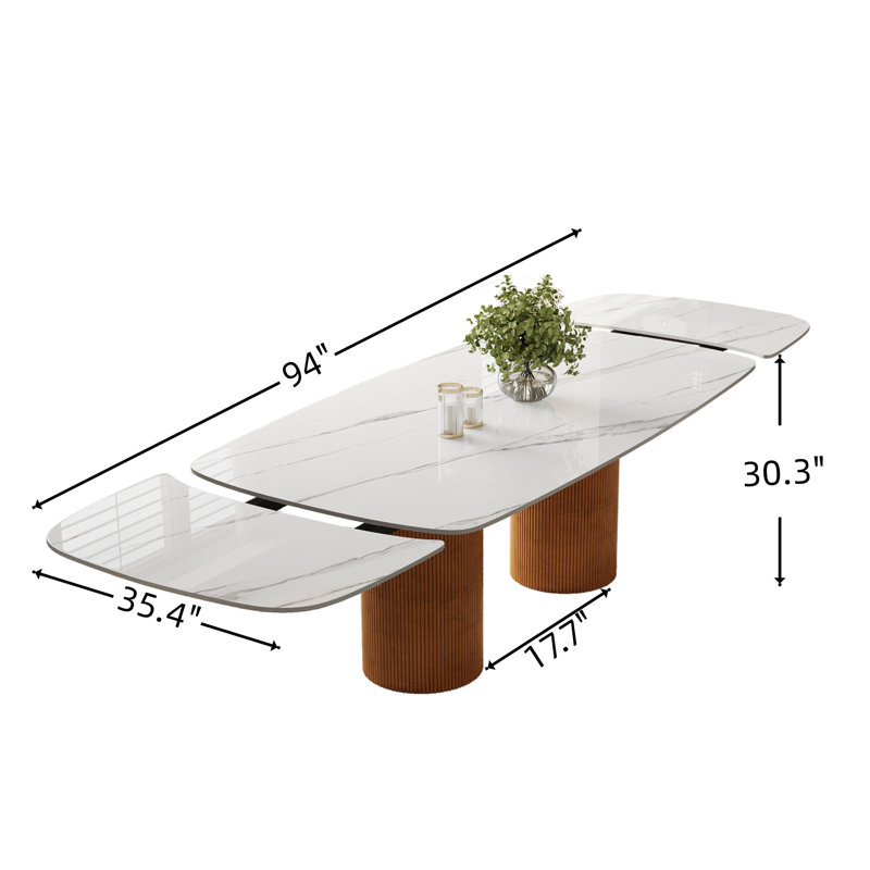 Table de salle à manger 70 "à rallonge, 4 à 8 places assises, plateau en marbre fritté de style marbre, base de cuisine moderne en noyer cannelé