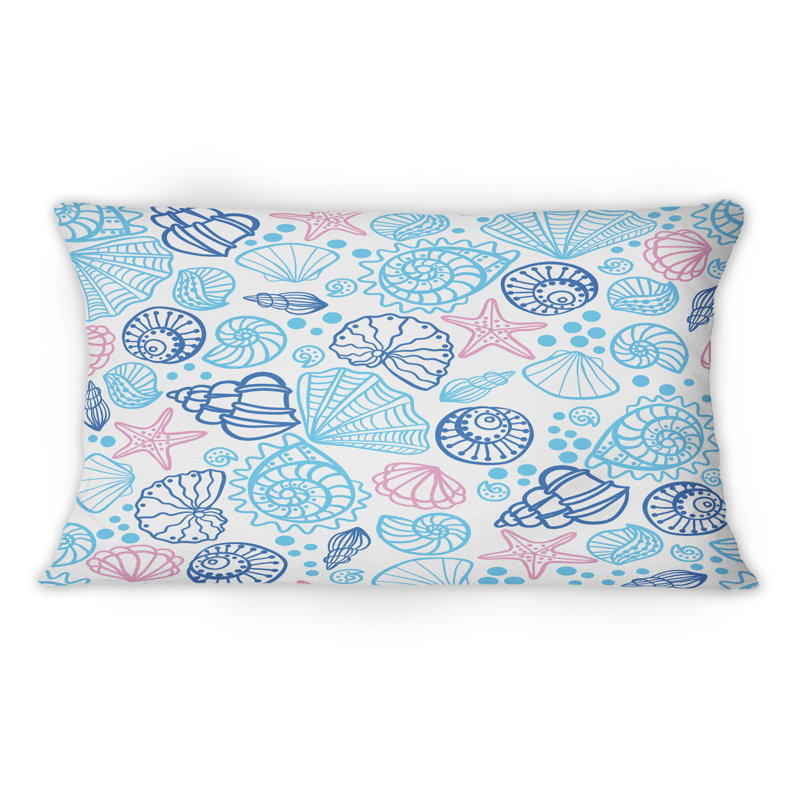 Coussin décoratif rouge à motif d'étoiles de mer rouges avec coquillages bleus