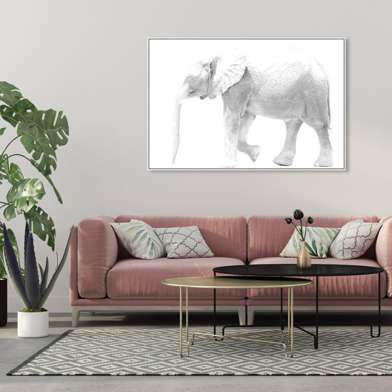 Éléphant blanc, éléphant sauvage de la jungle, blanc moderne - impression, H 36 po x l 54 po, Toile avec cadre blanc