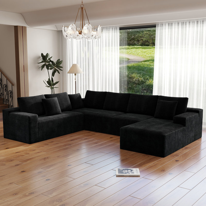 Canapé modulaire en U de 132 po pour 5 personnes, canapé à compression, velours côtelé noir, orienté vers la gauche