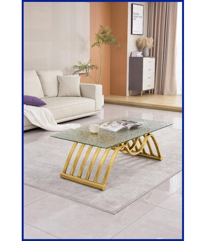 Table basse rectangulaire 47 po en acier inoxydable doré - plateau en verre trempé ondulé, tablette de rangement inférieure et facile à nettoyer
