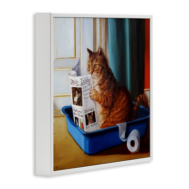 Litière lisant un chat amusant par Lucia Heffernan - Peinture, Giclée encadrée blanc bord de mer, H 24 po x l 24 po