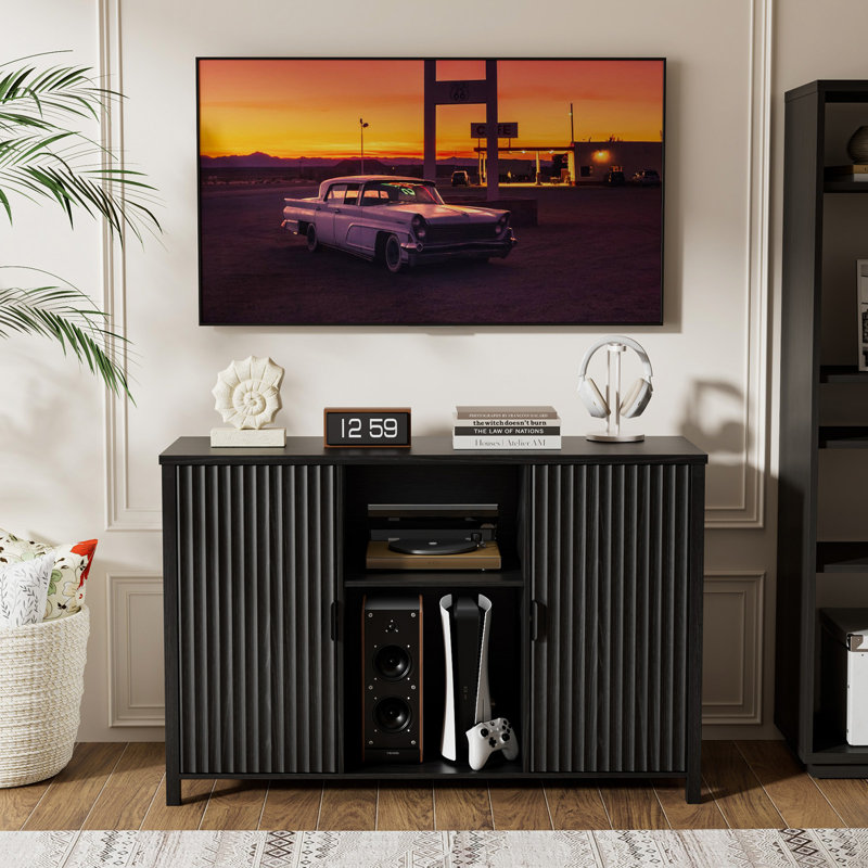 BROTTAR Record Player Stand, Suitable for 7"/10"/ 12" Vinyl Records, Mid-Century Modern Vinyl Record Cabinet, Turntable Stand, Media Cabinet with DVD Drawers for Living Room, Brown