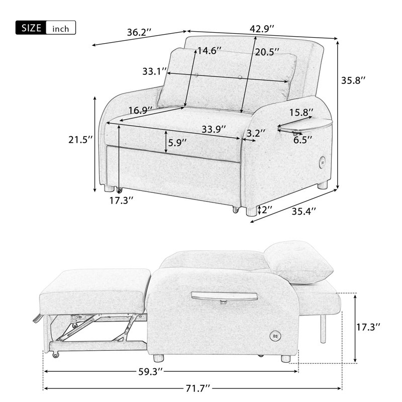 Pull out sofa bed 3 in 1 with 2 wing tables and USB charging, Beige Linen