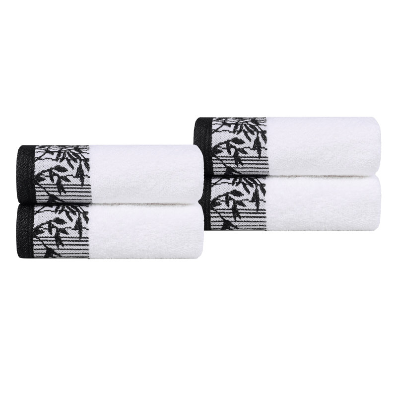Carinna Cotton Medium Weight Floral Jacquard Border Assorted Bathroom Towel Set, White/Black, Hand Towels - 4 Pack