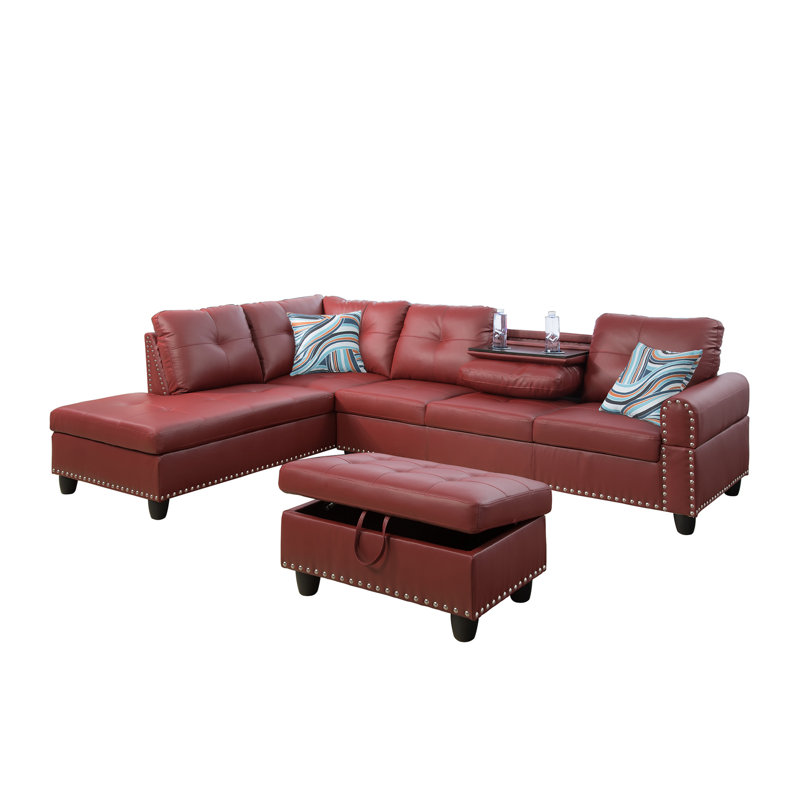 Canapé modulaire avec repose-pieds Plyler, Orienté à gauche (vu de face), Similicuir rouge