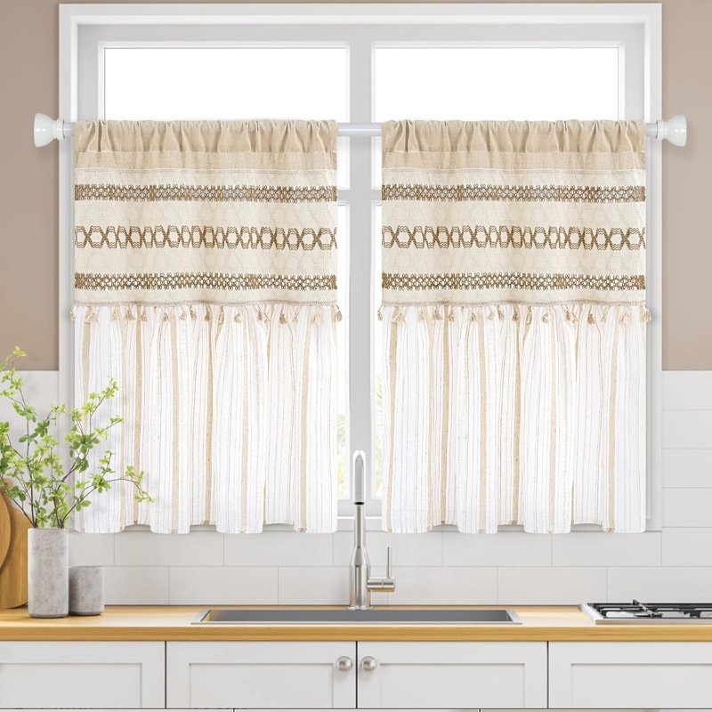 Rideau court rayé pour fenêtres, style bohème, crochet, petit rideau pour cuisine, passe-tringle, rideau filtrant la lumière pour salle de bain, café