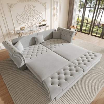 Canapé-lit Chesterfield surdimensionné de 97,6 po, canapé en velours à accoudoirs roulés et capitonnage classique, revêtement pour salon / chambre à coucher / appartement, gris clair