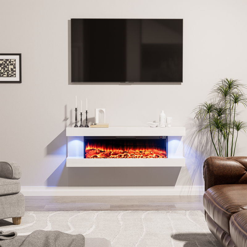 CheminÃ©e Ã©lectrique murale Ã  trois cÃ´tÃ©s avec manteau flottant, tÃ©lÃ©commande rÃ©glable, H 16,5 po x l 50 po x P 8,1 po