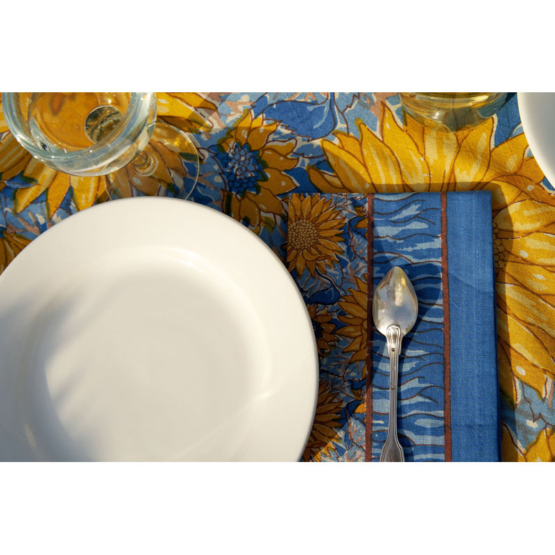 Sunflower Handmade Floral Tablecloth, Blue, 90" W x 90" L