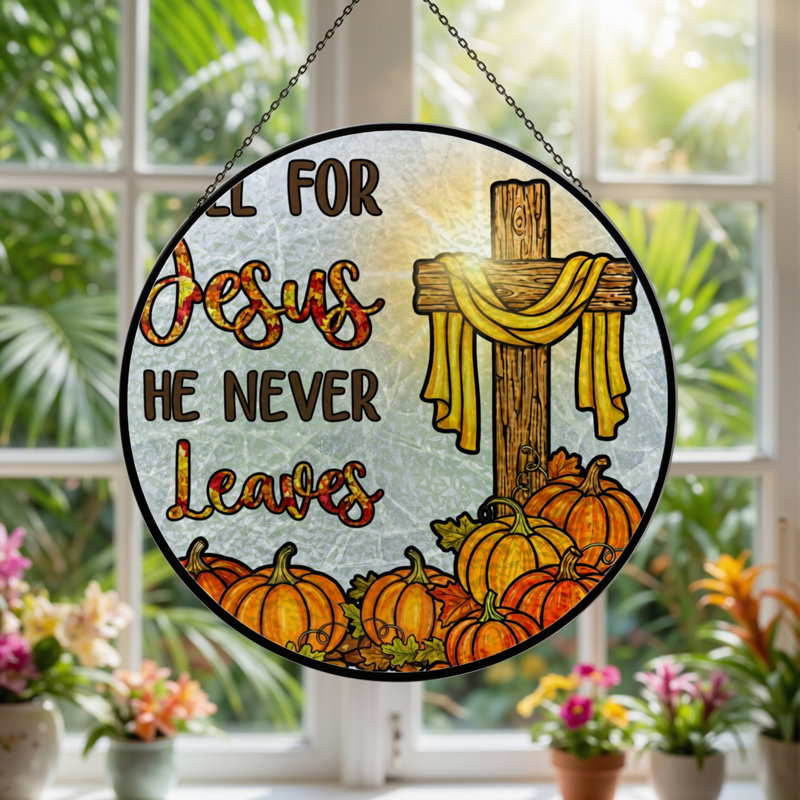 7.8"H Fall Cross Stained Glass Window Panel