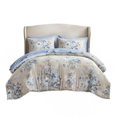 7-Piece Queen 7 Piece Vintage-inspired Collection floral print,Beige/Blue