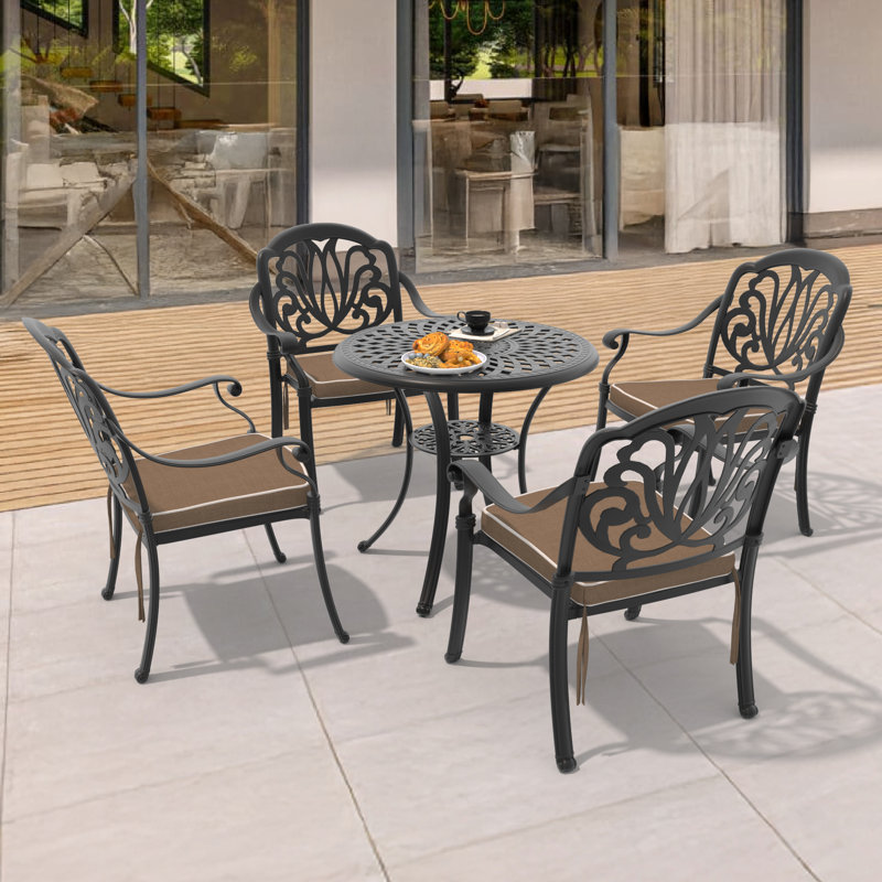 Amberia 5-Piece Dining Set, Aluminum Outdoor Dining Furniture Set for Patio, Porch, Backyard and 30.71-inch Round Table with a 1.88-inch Umbrella Hole and Brown Cushions
