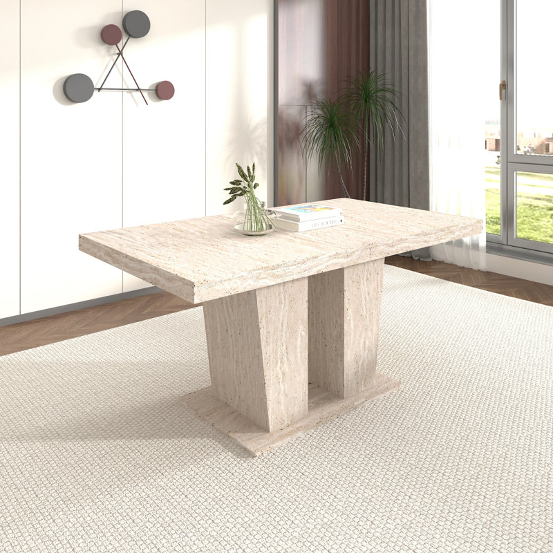 Table de salle à manger rectangulaire extensible, convenant pour 6 à 10 personnes, avec motif de travertin veiné, dimensions 160 à 200 cm, simple et élégante.