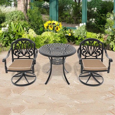 Ensemble de salle à manger 3 pièces en aluminium coulé toutes saisons comprenant 2 chaises pivotantes et une table ronde de 30,71 po avec structure noire
