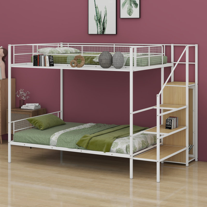 Lit superposé en métal avec tablettes en fil de fer et garde-robe, Blanc
