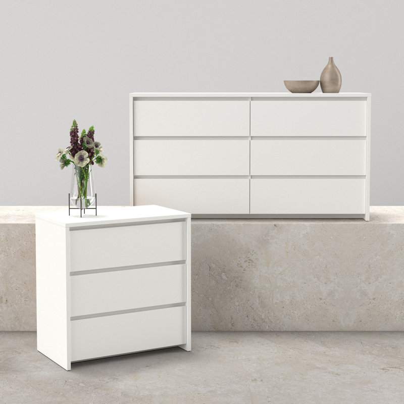 Ensemble de chambre à coucher 2 pièces - commode double 6 tiroirs, 2 pièces : commode basse, commode haute