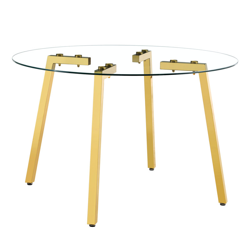 Table de salle à manger luxueuse en verre trempé avec pieds en métal dorés en forme de 7, table haute avec pieds, facile à assembler et à entretenir