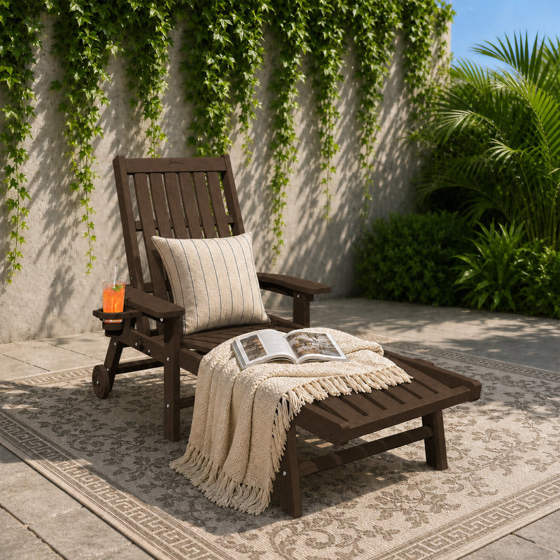 Outdoor HDPE Adjustable Reclining Chaise Lounge Chair With Wheels & Cup Holder in Brown, Brown