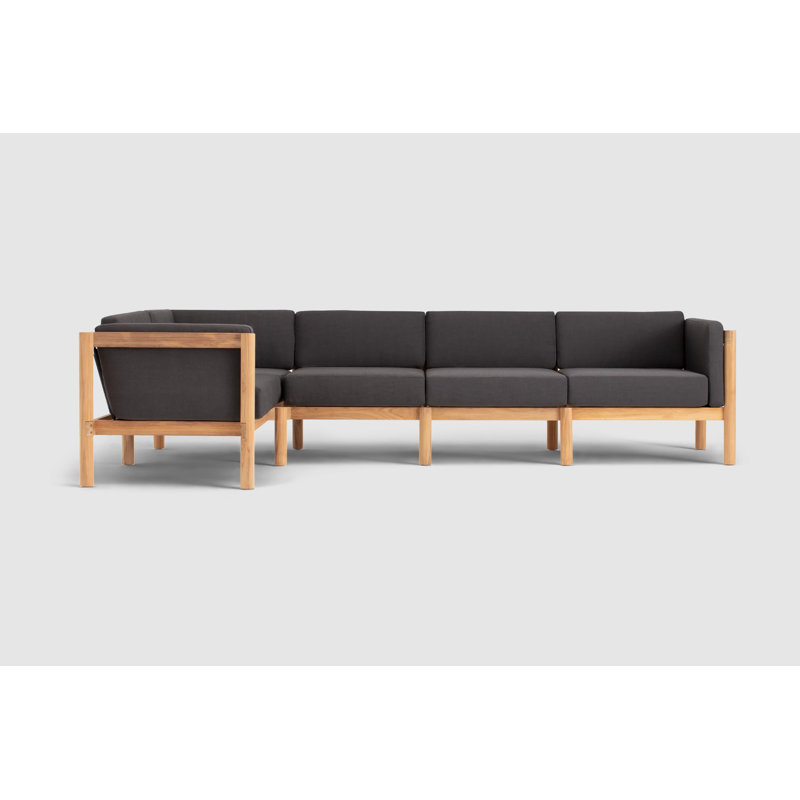 Canapé modulaire d'extérieur en teck Haven avec coussins Sunbrella en pierre grise, Sunbrella charbon, 5