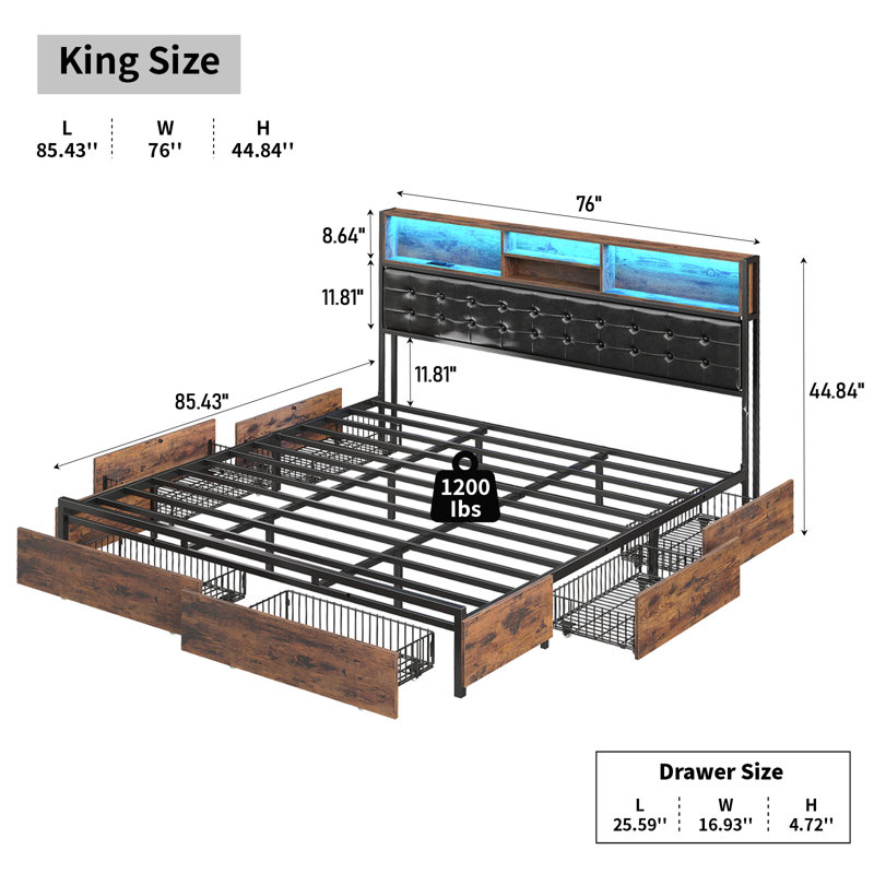 Bed Frame with RGB LED Headboard and Charging Station, Upholstered Backrest Bed with 6 Storage Drawers, Heavy Duty Metal Frame Support, No Box Spring Needed, No Noise